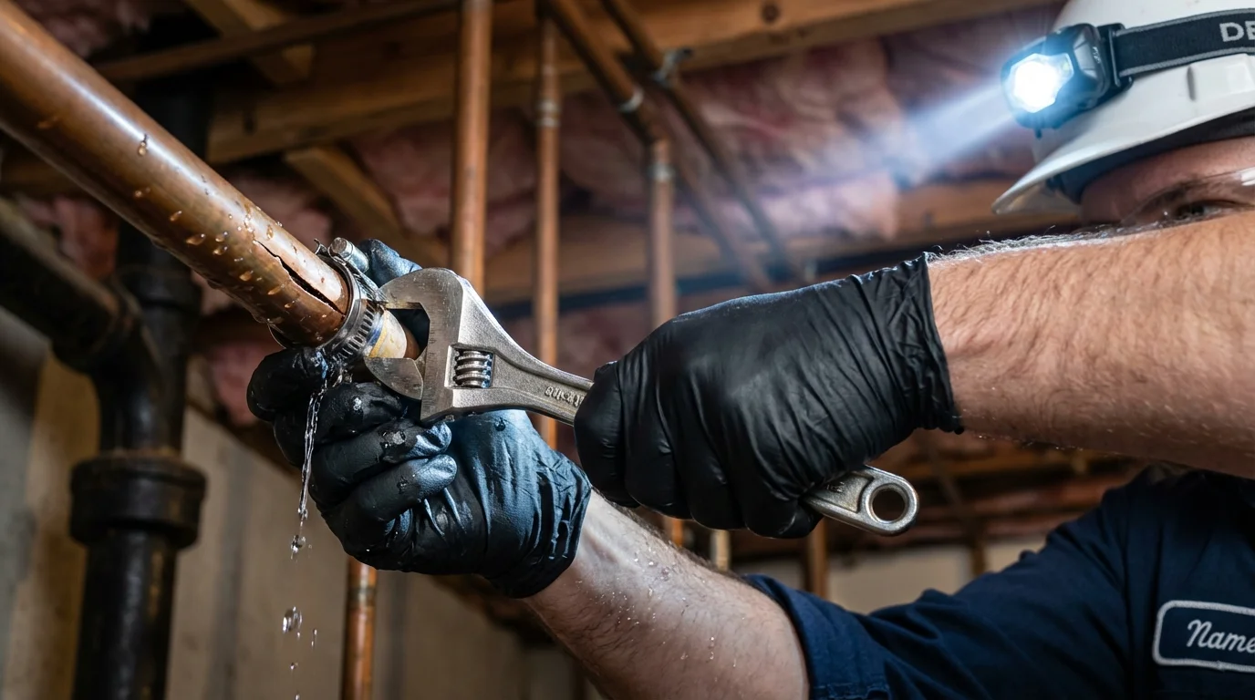 Emergency pipe clamp repair being performed by a Johns Plumbing LLC plumber in Severna Park