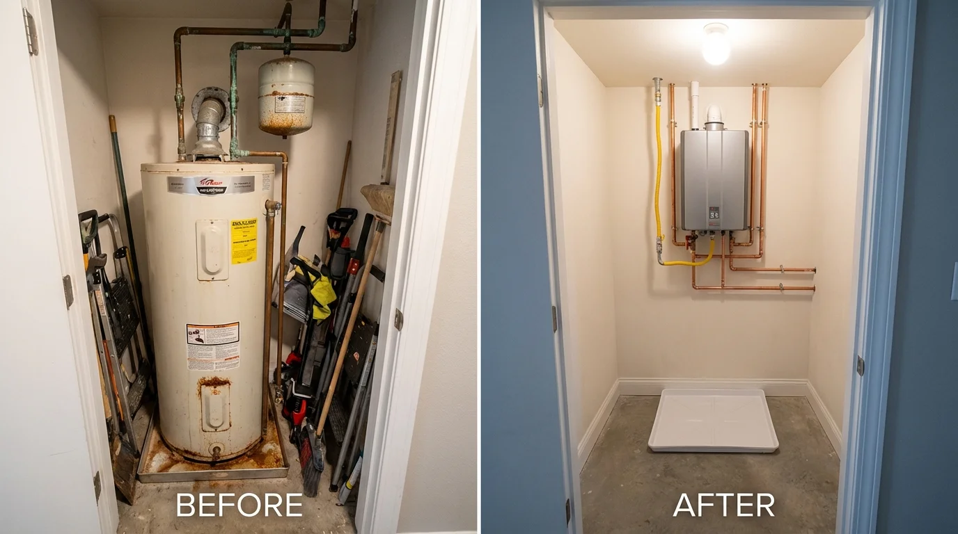 Tank water heater versus wall-mounted tankless unit comparison for Severna Park, MD homeowners
