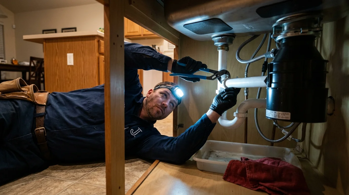 P-trap and supply line connections under a kitchen sink showing a common leak point in Severna Park, MD